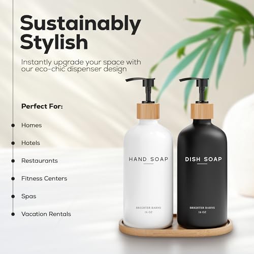 Luxury Glass Hand and Dish Soap Dispenser Set by Brighter Barns - Kitchen Soap Dispenser Set with Tray - Bamboo Pump Bottle for Kitchen Sink - Boho Home Decor, Modern Decor in Restaurant (Black/White) - color: Black White Hd