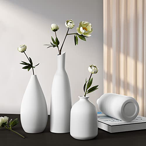 White Ceramic Vase Set of 4,Modern Farmhouse Decorative Vases for Entryway Mantel Centerpiece Bookshelf Console Table - color: White*4