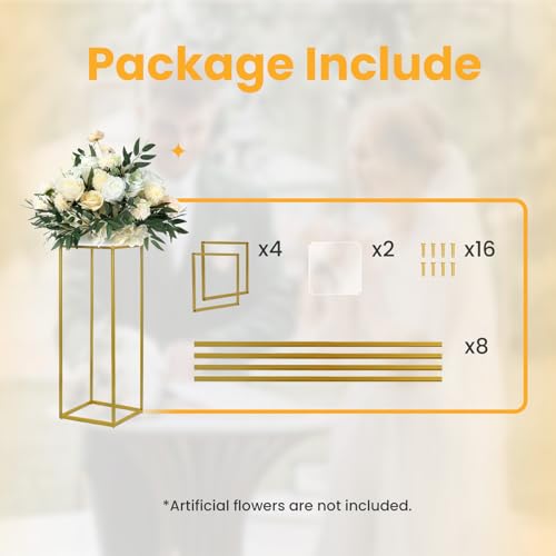 YALLOVE 2 Pack 23.75 Inch Gold Wedding Flower Stand Metal Vase Column Stand Geometric Centerpiece Vase for Home Party Wedding Decorations, Rectangular Flower Display Rack - size: 23.75 Inch