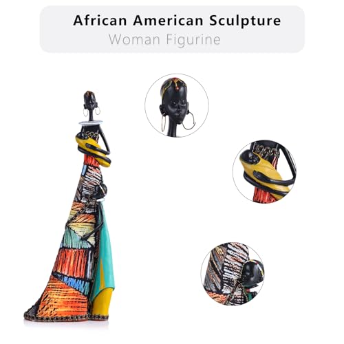 14.6" H African Art Statue for Home Decor, Colorful African American Women Sculpture Figurines - for Female Living Room Table Afrocentric Gifts for Women