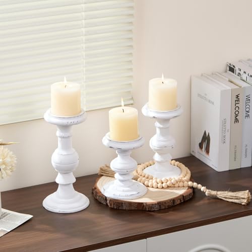 Wood Candle Holders for Pillar Candles, Set of 3 Vintage Rustic Tall Modern Farmhouse Decor, Decorative Wooden Candlestick Holder Stand for Fireplace Mantel, Table Centerpiece - White