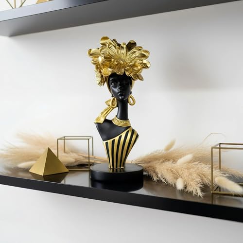 Lescafita African Woman Art Sculpture with Gold Floral Crown, Black and Gold Striped Statue,Elegant African-Inspired Art Gift suitable for various settings such as home, bookshelves, desks, or offices - color: 704-gold