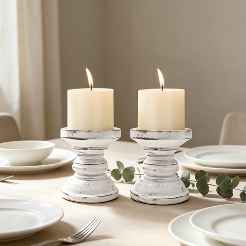 Small Candle Holder for Pillar Candle Set of 2, Farmhouse Candle Holder Decor, Rustic Wooden Candle Stand, Vintage Tall Candle Stand Decorative for Living Room, Table Centerpiece,Rustic White - size: Set of 2