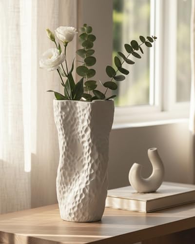 White Matte Ceramic Vase, 9.9 Inch Organic Nature Trunk Shape, OOSTONEE Modern Wabi Sabi Unique Flower Vase for Home, Living Room, Bedroom, Dining Table, Centerpiece Decor - color: White