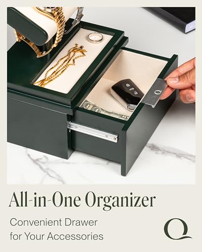 QWATCH Watch Stand Display Case - Acrylic Watch Box for 2 or 4 Watches with Jewelry Valet Tray and Drawer - color: Single - Green / Ivory