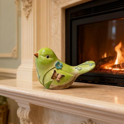 4.3 Inch Green Hand-Painted Resin Bird Figurine, Ceramic Look High-Gloss Bird Sculpture Decor for Home Shelf Living Room Tabletop, Ideal Spring Housewarming Birthday Gift - color: Green
