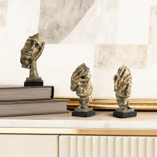 Modern Living Room Decoration - Gold Abstract Sculpture Decor for Shelves, Thinker Statues Set of 3, Resin Face Knick Knacks Home Decor for Office Bookshelf, Table, Gift for Friends - color: Gold Thinker Small Statue Set