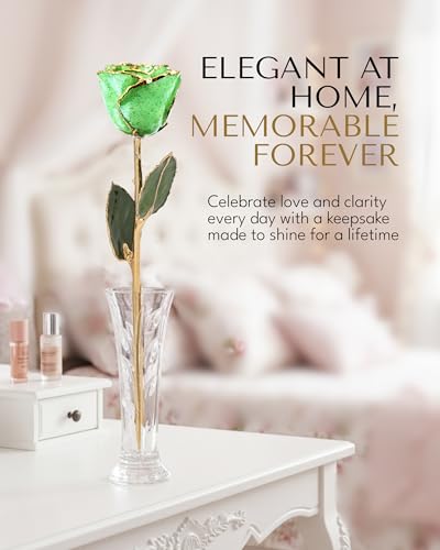 Forever Rose Hand-Dipped in 24K Gold, Peridot-Inspired August Birthstone with Sparkles, Real Rose in Luxury Gold Gift Box & Clear Glass Bud Vase – Perfect Ready for August Birthday or Any Occasion - color: August Peridot