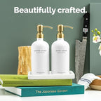 Vine Creations Glass Soap Dispenser Set, Kitchen Soap Dispenser Set with Ceramic Tray, 16 oz Dish Soap and Hand Soap Dispenser Set with Stainless Steel Pump Decor (White Bottle/Brushed Brass) - color: White Bottle / Brushed Brass Pump