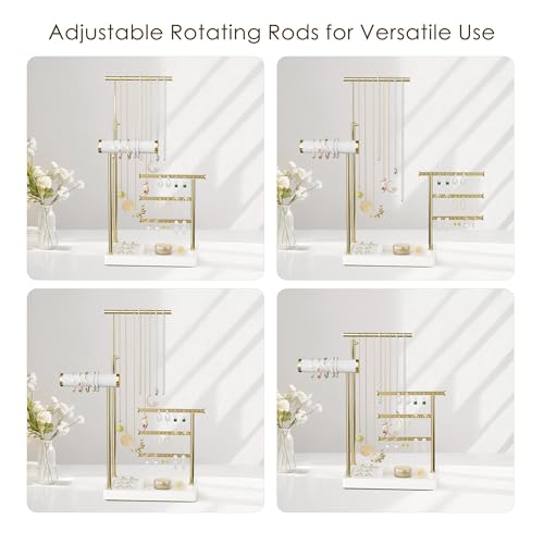 SZQINJI 5 Tier Jewelry Holder Organizer, Gold Jewelry Stand with Velvet Bracelet Holder, Adjustable Height Jewelry Display for Necklaces, Bracelets, Earrings, Rings, Gift Idea for Women, White - color: White