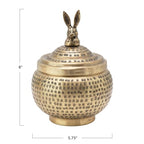 Round Hammered Metal Container with Rabbit Finial, Brass Finish - style: Rabbit