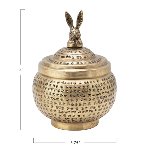 Round Hammered Metal Container with Rabbit Finial, Brass Finish - style: Rabbit