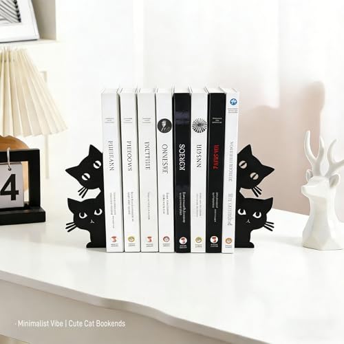 Cute Cat Bookends - Novelty Decorative Shelf Organizer, Textured Metal Finish, Non-Slip, 7.5x6.3 Inch, Rounded Corners for Kids' Picture Books & Office Desks (Black)