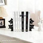 Cute Cat Bookends - Novelty Decorative Shelf Organizer, Textured Metal Finish, Non-Slip, 7.5x6.3 Inch, Rounded Corners for Kids' Picture Books & Office Desks (Black)