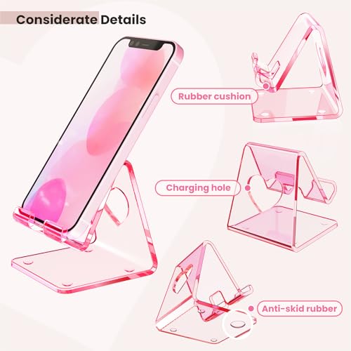 Crpich Acrylic Cell Phone Stand, Portable Phone Holder, Clear Pink Phone Stand for Desk, Compatible with Phone16 15 14 13 12 11 Pro Max SE, Switch, Android Smartphone, Pad, Tablet, Desk Accessories - color: Transparent Pink