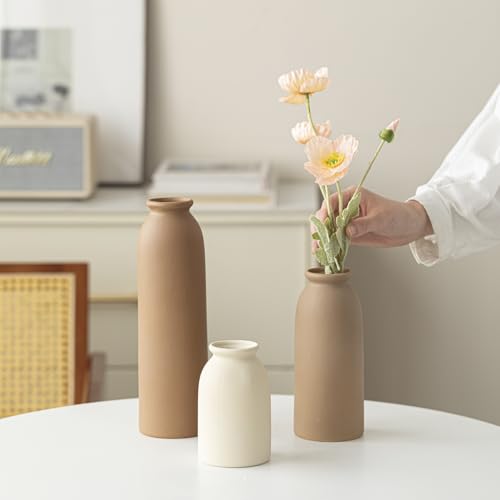10.4 inches Tall Decorative Ceramic Vase Set, 3 Pieces, Nordic Modern Boho Style, White, Modern Farmhouse for Home Decor (Coffee Mix) - color: Coffee Mix