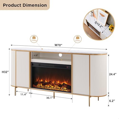 OKD Luxury 70" Fluted Fireplace TV Stand, Modern Chic Entertainment Center for TVs Up to 80 inches, TV Console with Faux Marble Top, Curved Profile Design, Media Console for Living Room, Off White - color: Off White, size: 70" TV Stand with Fireplace