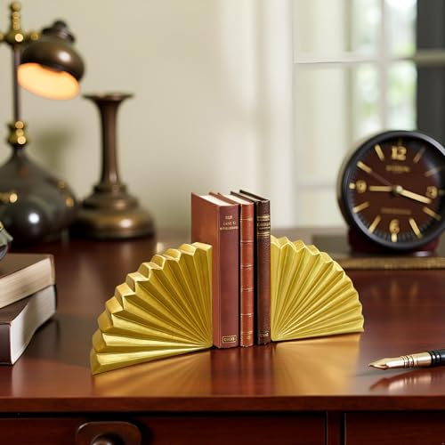 Golden Fan Book Ends Decorative Bookends for Shelves, Elegant Fan Bookends for Bookshelf Decor, Decorative Book Stoppers for Home Office - color: Geometric Fan - Gold