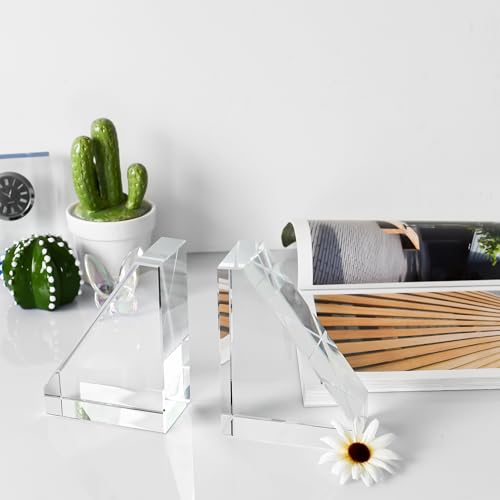 Decorative Bookends for Heavy Books, Set of 2, Modern Book Holders Stopper for Shelves, Bookshelf, Bookcase, Office Desk, Home Decor, Clear