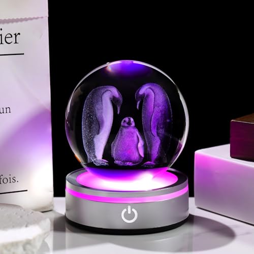 Arikyrist 3.15in. 3D Penguins Crystal Ball Gifts for Women Men, K9 Crystal Decorative Ball Engraved Penguins Figurine Paperweight with LED Light Base for Home Office Decoration for Birthday Christmas - color: Penguins