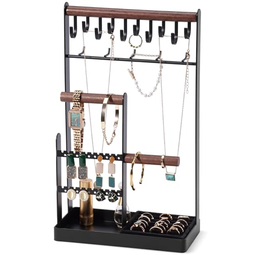 ProCase Jewelry Organizer Jewelry Stand Jewelry Holder Organizer, 5-Tier Necklace Organizer with Ring Tray, Large Aesthetic Jewelry Tower Storage Rack Tree for Bracelets Earrings Rings -Large, Black - color: Black, size: 13.4" Height