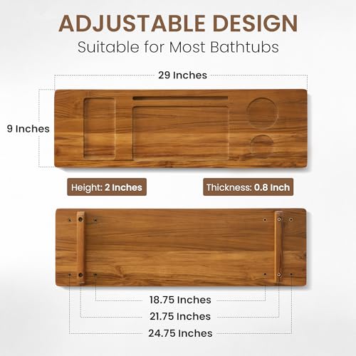 Teak Bathtub Tray - Wood Bath Caddy Tray 29" for Small Tubs - Adjustable Bathtub Table Trays - Luxury Shower Organizer for Home Spa Relaxation and Reading - Light Walnut Color - color: Light Walnut-a, size: 29" x 9" x 2"