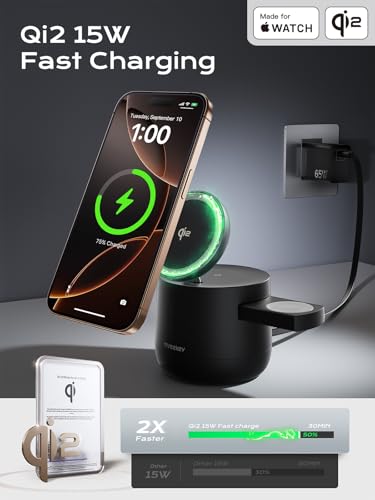 MFI Certified by Apple, 4 in 1 Magsafe Wireless Charging Station, Qi2 15W Magsafe Charger for iPhone 17/16/15/14/13/12 Series, iWatch, Airpods, iPad, 65W Charger Included (Black) - color: Black