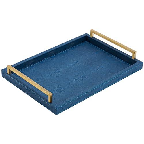 XIGEXIGE Navy Blue Decorative Serving Tray, Shagreen Leather Coffee Table Tray, Rectangle for Home Decor - color: Blue, size: 17" x 12" x 2.5"