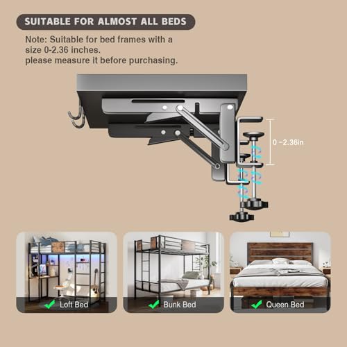 Magheo Bedside Shelf Foldable, Metal Clip-On Bunk Bed Table Shelf for Top Bunk Heavy Duty Bed Side Table Tray for College Dorm Room Essentials, Loft Nightstand Organizer Tray with 1 Cord Hole(Black) - color: Black, size: 12.6" x 9.28" x 0.79"