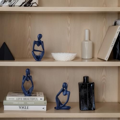 Navy Blue Thinker Statue Set of 3 - Navy Blue Decor for Table, TV Stand, Shelf, Desk - Resin Figurines for Living Room, Minimalist Bookcase Decorative, Modern Sculpture, Home Accents - color: Blue