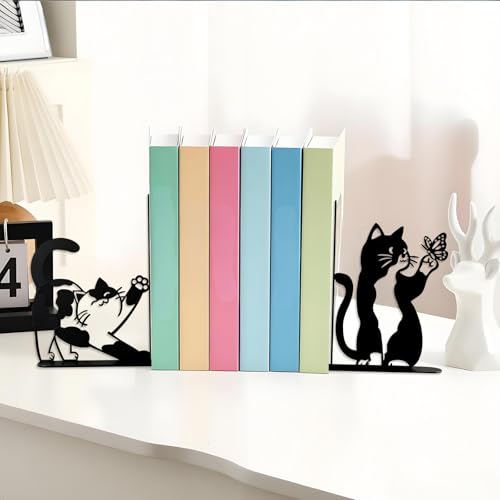 Cute Cat Bookends Metal Black Cat Book Ends for Shelves Bookshelf Decorative Accessories Home Office Desk Bookshelf Decor Cat Lover Gifts for Women