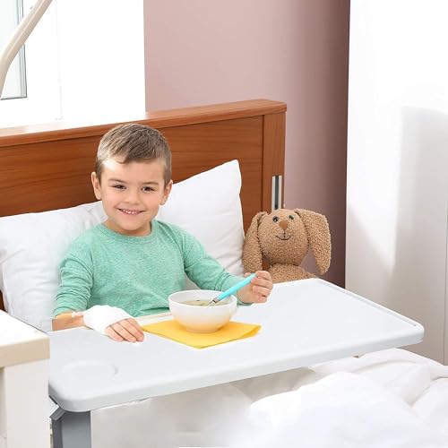 Vaunn Medical Pneumatic Adjustable Overbed Exam Bedside Table with Wheels (Hospital and Home Use), New Tabletop, Light Gray