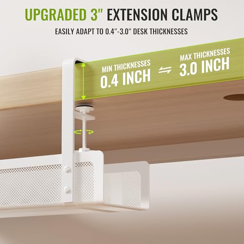 [Upgraded] 2 Pack Cable Management Under Desk Tray, Xpatee 27.6" No Drill Open Slots Cable Management Tray, Cord Wire Organizer Box with Clamp for Table Thickness up to 3" - No Desk Damage(White) - color: White, size: 2 Pack (Upgraded Mesh)