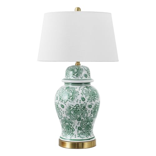 JONATHAN Y 29.5" Green/White Ceramic Table Lamp for Living Room and Office, White Linen Drum Shade, Traditional Chinoiserie Ginger Jar Lamp, LED Bulb Included (JYL3008D) - color: Green/White