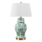JONATHAN Y 29.5" Green/White Ceramic Table Lamp for Living Room and Office, White Linen Drum Shade, Traditional Chinoiserie Ginger Jar Lamp, LED Bulb Included (JYL3008D) - color: Green/White
