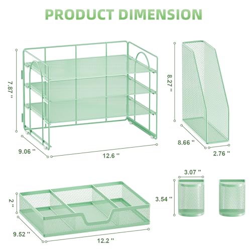 Marbrasse Desk Organizer and Accessories，4-Tier Paper Letter Tray Organizer with File Holder, Desk Accessories & Workspace Organizers with Drawer and 2 Pen Holder (Green, 15.4" x 9.1" x 8.3") - color: Green