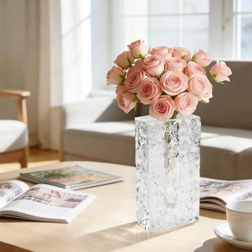 Crystal Flower Vase with Glacial Texture, Clear, Handcrafted Centerpiece for Wedding, Home Decor, Table Display - color: M-cv267-m