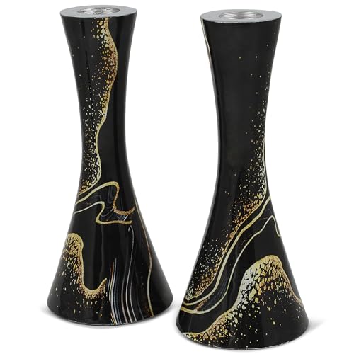 Zion Judaica Marble Decal Candle Holder Set of 2 - Black & Gold Marbleized Candlesticks 6.75" Hourglass Shape Fits 7/8" Thick Tapered/Shabbat Candles Bat Mitzvah Gift for Jewish Wedding (Black Burst) - color: Black Burst