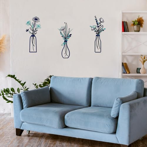 Pigort 3 Pieces Metal Flowers Wall Arts - Rustic Farmhouse Style Décor Metal Wall Art Black Minimalist Flower Natural Themed Wall Decors for Home Bedroom Dining Room Housewarming (Blue) - color: Blue