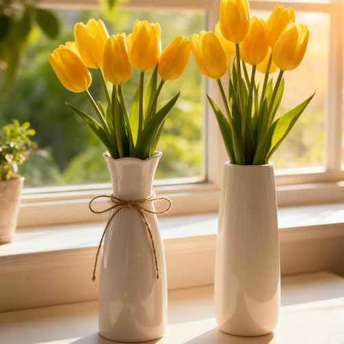 Arawat 2 Ceramic Vase White Flower Vase for Home Decor Modern 7.9 inch Mini Vase for Table Shelf Home Decor Vase for Fireplace Bedroom Kitchen Living Room Wedding Office Desk Birthday Gifts - color: 2 Set 7.9 Inch White Ceramic Vase for Home Decor