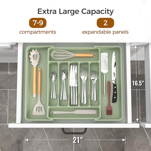 ukeetap Extra Large Expandable Silverware Organizer, BPA-Free Food-Safe Cutlery Flatware Organizer, Kitchen Utensil Drawer Organizer, Adjustable Silverware Holder for Spoons Forks Knives, Green - color: Green