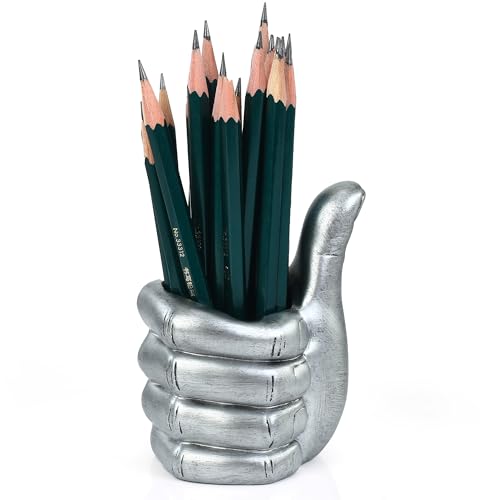 Thumbs Up Pen Holder and Phone Stand,Thumbs Up Very Good Pen Container Cell Phone Stand Holder Desk Organizer Decoration for Office Desk Home Decorative (silvery) - color: silvery
