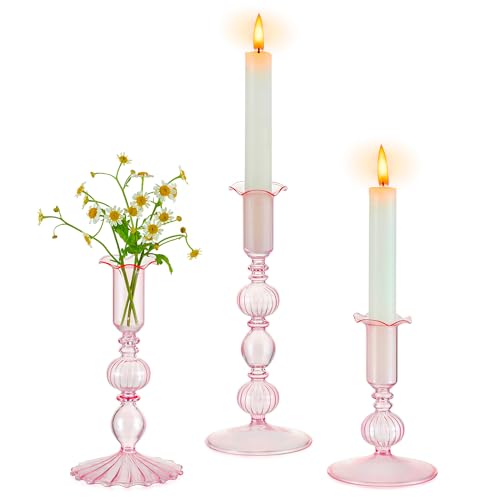 Glasseam Tapered Candlestick Holders Pink: Set of 3 Glass Candle Sticks Holder Decor with Bobeche Modern Ribbed Taper Candle Holders for Table Centerpiece Valentines Wedding Home Decorations - color: Pink
