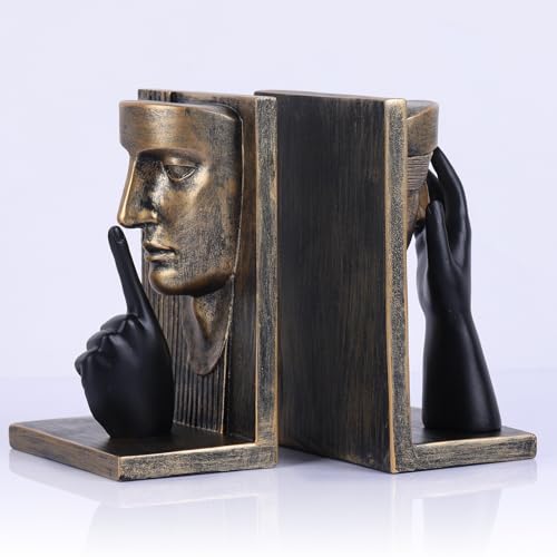 Novelty Book Stopper - Face Sculpture Decorative Bookends,Modern Abstract Art Book Ends for Heavy Books,Shelves, Home Office Decor Aesthetic,Unique Bookshelf Accessories(Brass-Look Bookends) - color: A-vintage Gold