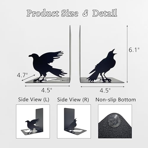 Raven Decor Gothic Room Bookends - Unique Raven Statue Designed for Shelves - Modern Decorative Book Holders for Kids