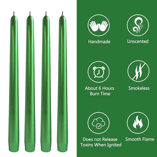 10 Inch Metal Taper Candles Handmade Smokeless Set of 4 – Unscented Tapered Candles in Green, Candle Sticks for Wedding, Home Decor, and Dinner Table - color: Green 4MT