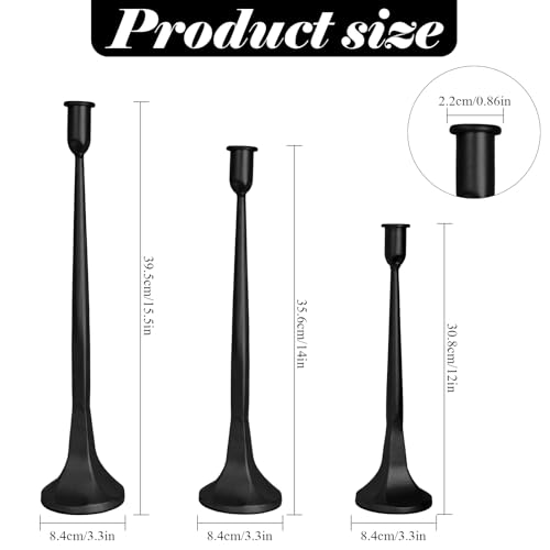Iron Taper Candle Holder Set of 3, Decorative Candlestick Holders,Tall Candle Stand for Wedding, Dining Table, Party Decoration (Black, 12" 14" 15.5") - color: Black