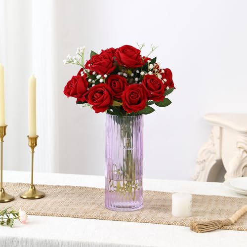 Purple Glass Vase for Flowers, Ribbed Glass Vase for Tulips, Modern Purple Vases, Tall Cylinder Glass Vases for Living Room, Bedroom, Dining Table, Office, Wedding, Bookshelf, 10 Inches - color: Purple, size: 10''