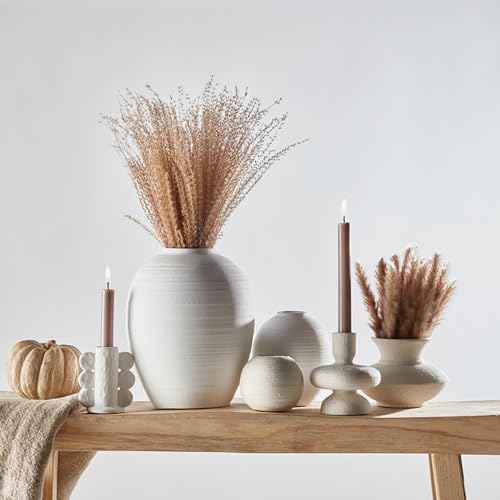 47th & Main Taper Candle Holders for Candlesticks, Ceramic Minimalist Abstract Decorative Candleholder for Dining Table Centerpiece, 3.5" L x 2.25" W x 4" Tall, White