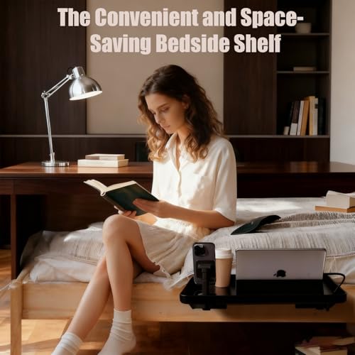 Bedside Shelf for Dorm Bunk Bed, Bed Side Table Tray Organizer, Clip On Nightstand, College Dorm Room Essentials, Bedside Tray with Cable Management for Dormitory, Back to School